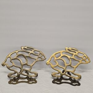 Vintage Bunny Rabbits Brass Folding Bookend Set Of 2 Easter Cottage Decor MCM